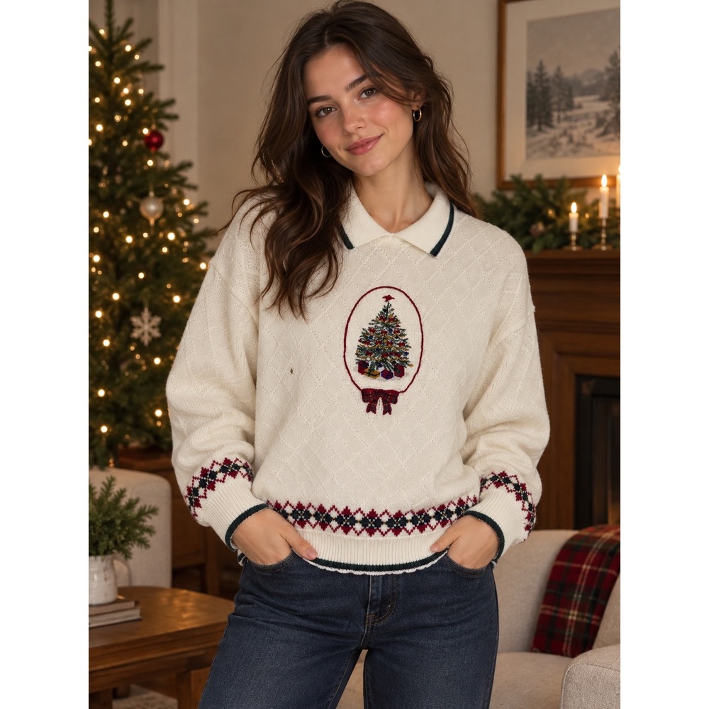 Chelsea Gardens Vintage Christmas Tree Polo Sweater Cream Diamond Knit Large